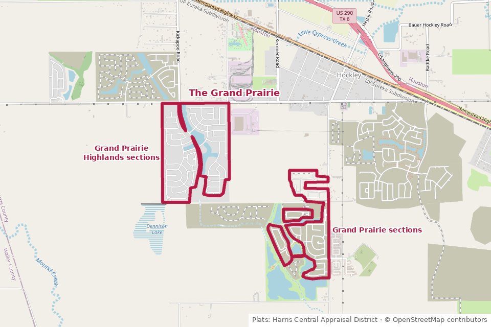 Map of The Grand Prairie's recorded Grand Prairie and Grand Prairie Highlands sections south of US-290 in unincorporated Harris County, Hockley TX 77447