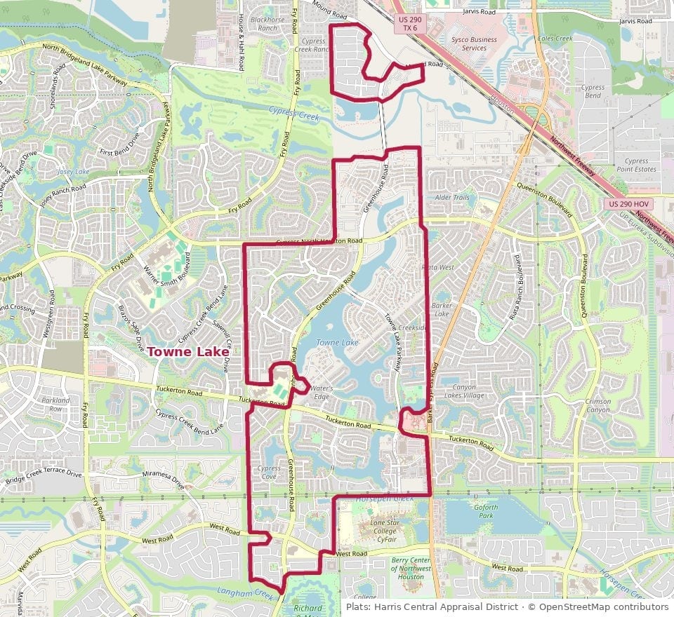Map of Towne Lake's recorded plats west of Barker Cypress Road between Mound Road and Langham Creek, around the lake, in Cypress, TX 77433