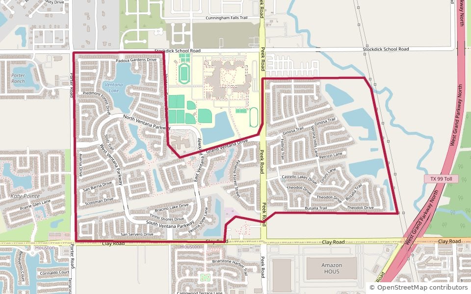 Map of Ventana Lakes in Katy, TX 77493 — the recorded Ventana Lakes and Ventana Lakes East plats between Porter Road, Stockdick School Road, Clay Road, and the Grand Parkway