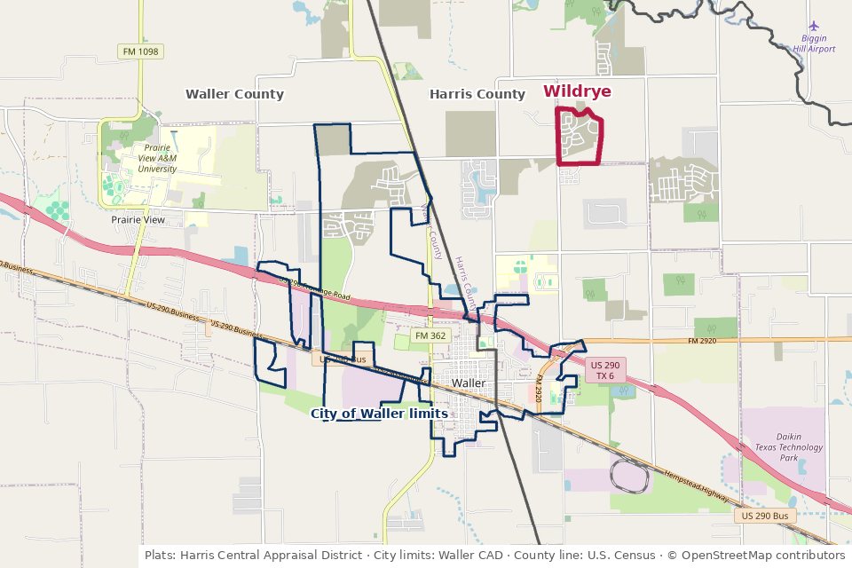 Map of Wildrye's recorded sections in unincorporated Harris County northeast of Waller, TX 77484, with the City of Waller limits and the Harris–Waller county line