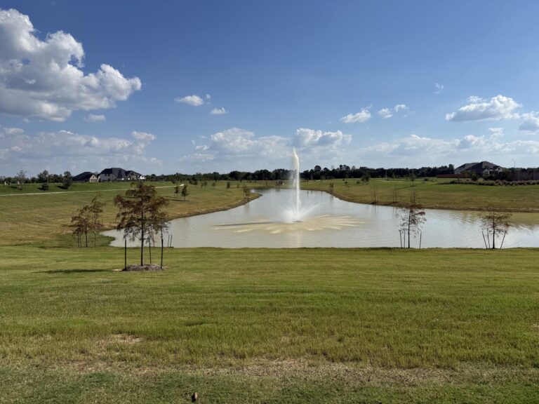 Pond with a fountain and young trees along the bank in Wildrye, Waller TX 77484